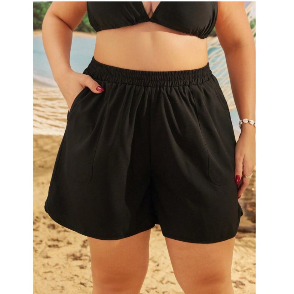Women's Plus Size Slant Pocket Elastic-Waist Black Swim Shorts Size 3X (18) - Picture 4 of 4